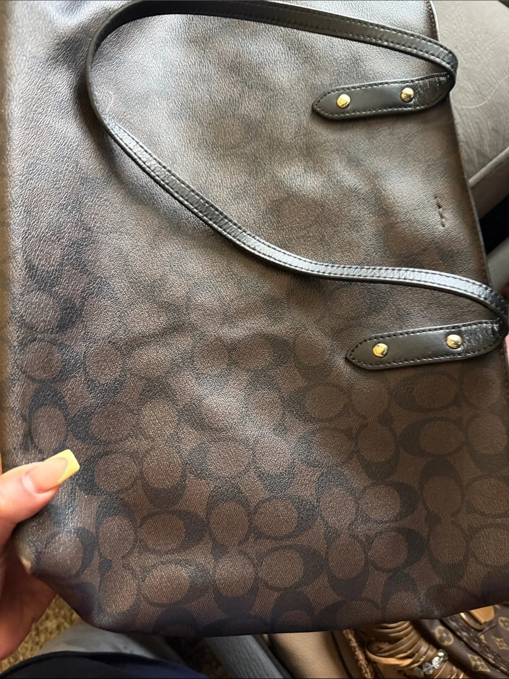 Coach Brown Signature Monogram Tote with Gold Accent